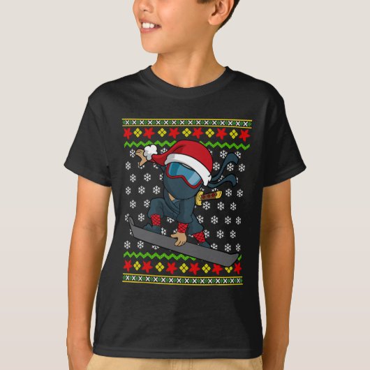 Snowboard Ugly KerstSweater Pattern Ninja Sno T-shirt (Voorkant)