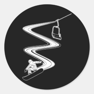 Snowboard wintersport in bergstoeltjeslift Illus Ronde Sticker
