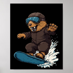 Snowboarden Dieren - Bever op een snowboard Poster