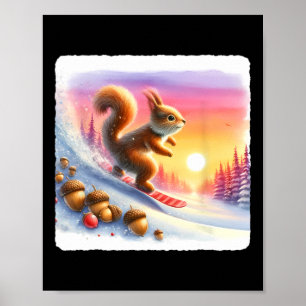 Snowboarden eekhoorn op ijzige helling bij zonsond poster