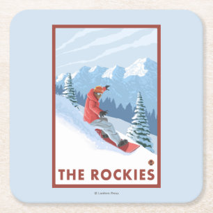 Snowboarder Scene - de Rockies Vierkante Kartonnen Onderzetter