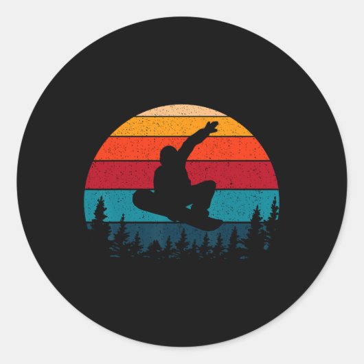 Snowboarding Retro Sunset Skier Ronde Sticker (Voorkant)