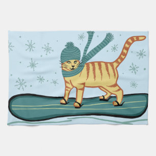Snowboarding Tabby Cat Theedoek