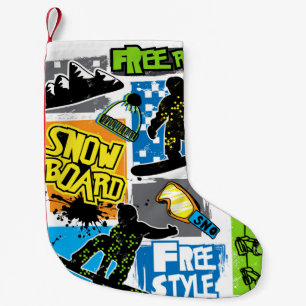 Snowboardtypografie: achtergrond van extreem Kind. Kleine Kerstsok