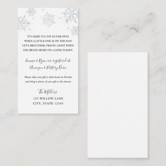 Snowflake baby shower tussenvoegsel over lange afs informatiekaartje (Voorkant / Achterkant)