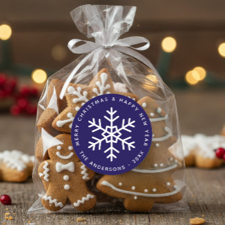 Snowflake Blue Merry Christmas & Happy New Year  Ronde Sticker