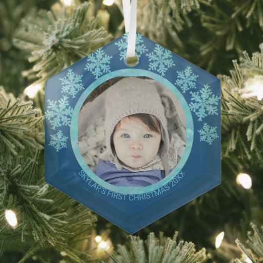 Snowflake Blue Opal Chic Round Foto met Kerstmis Glas Ornament (Insitu)