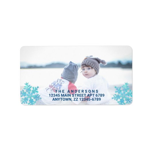 Snowflake Blue Opal Stylish Kerstmis Foto toevoege Etiket (Voorkant)