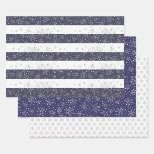  Snowflake Blue White Kerststreping Inpakpapier Vel
