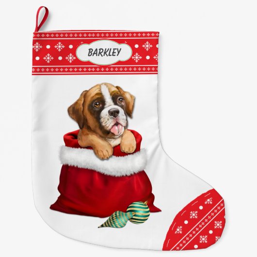 Snowflake Border Boxer Puppy Dog Gift Surprise Grote Kerstsok (Voorkant)