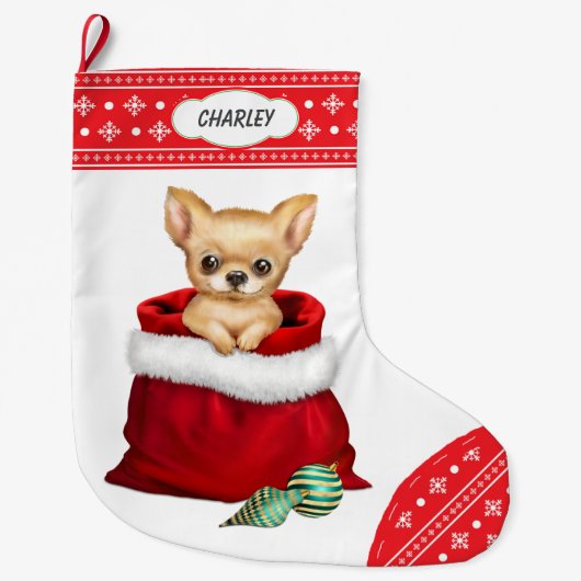 Snowflake Border Chihuahua Puppy Gift Surprise Grote Kerstsok (Voorkant)