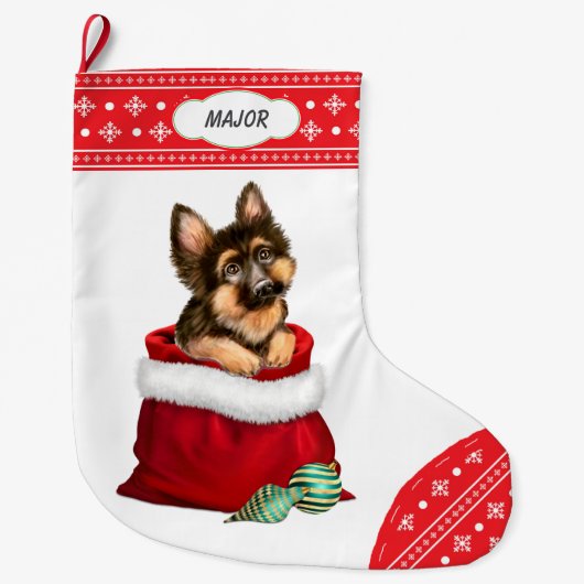 Snowflake Border German Shepherd Dog Gift Surprise Grote Kerstsok (Voorkant)