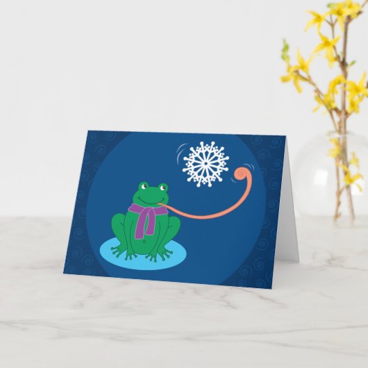 Snowflake-Catching Frog Holiday Greeting Kaart (Gele Bloem)