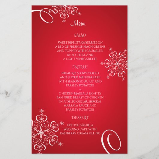 Snowflake Elegance Wedding Menu Red (Voorkant)