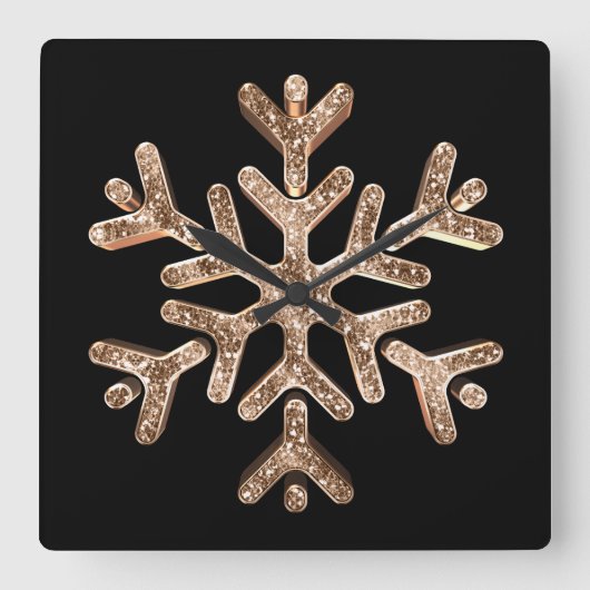 Snowflake Elegant Black en Gold Vierkante Klok (Voorkant)