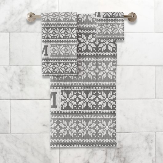 Snowflake Faux Knit Sweater Pattern Monogram Grey Bad Handdoek