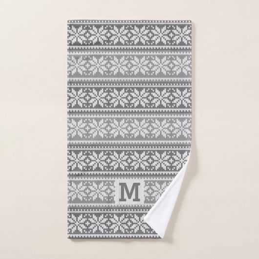 Snowflake Faux Knit Sweater Pattern Monogram Grey Bad Handdoek (Handdoek)