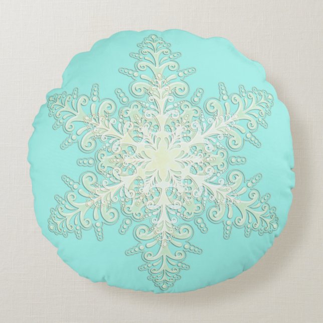 Snowflake ijskant winterwit en blauwgroen elegant rond kussen (Voorkant)