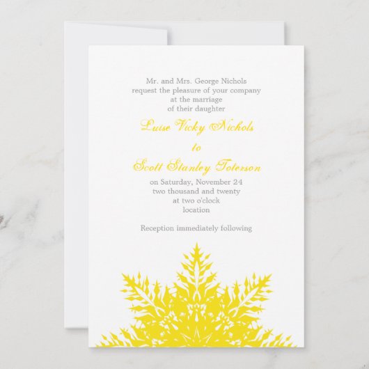Snowflake jaune, blanc invitation de mariage d'hiv (Dos)
