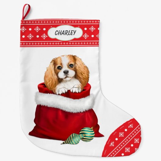 Snowflake King Charles Spaniel Gift Surprise Grote Kerstsok (Voorkant)