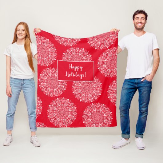 Snowflake Mandala Pattern Happy Holiday Red Winter Fleece Deken (In situ)