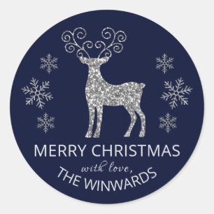 Snowflake met feestdag Blue en Silver Glitter Ronde Sticker