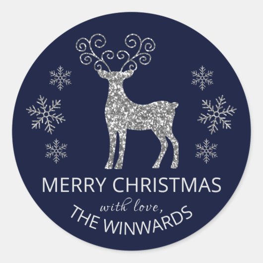 Snowflake met feestdag Blue en Silver Glitter Ronde Sticker (Voorkant)