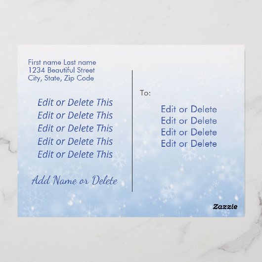 Snowflake met prettig kerstcadeautje blauw folie feestdagen briefkaart (Achterkant)