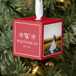 Snowflake Monogram Rustic Foto rood Kubus Ornament