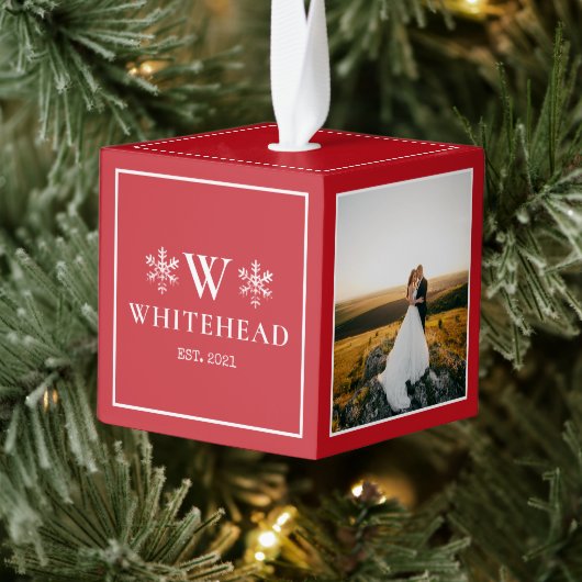 Snowflake Monogram Rustic Foto rood Kubus Ornament (Boom)