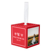 Snowflake Monogram Rustic Foto rood Kubus Ornament (Voorkant hoekig)