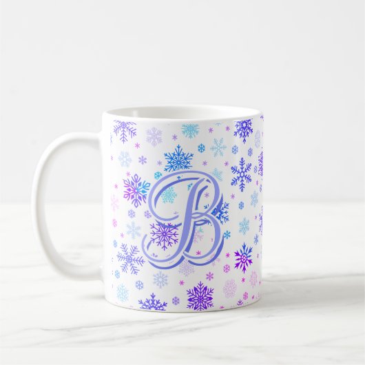 Snowflake Pastel Pink and Blue Elegant Monogrammen Koffiemok (Links)