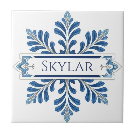 Snowflake pattern blue & white holiday custom name tegeltje (Voorkant)