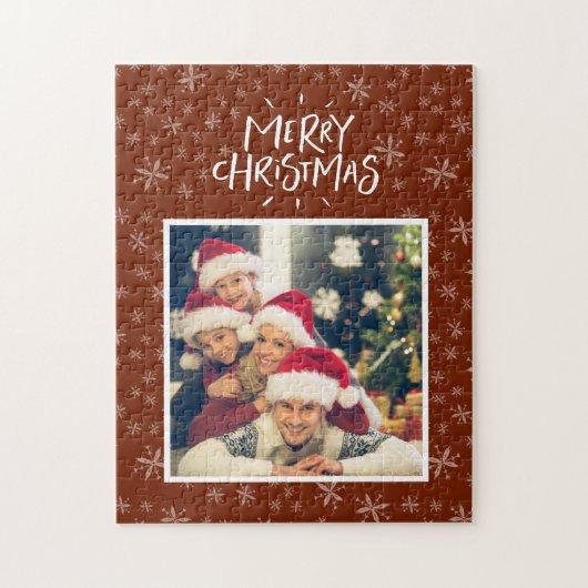 Snowflake Pattern on Red Merry Kerstfoto Jig Legpuzzel (Verticaal)