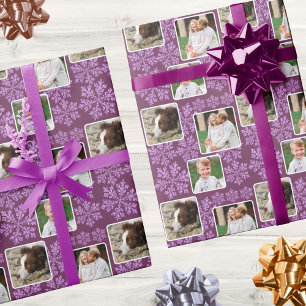 Snowflake Plum Bling 3 Foto Collage Kerstmis Cadeaupapier
