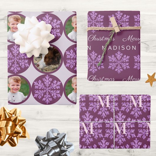 Snowflake Plum Bling Classic 2 Foto Kerstmis Inpakpapier Vel