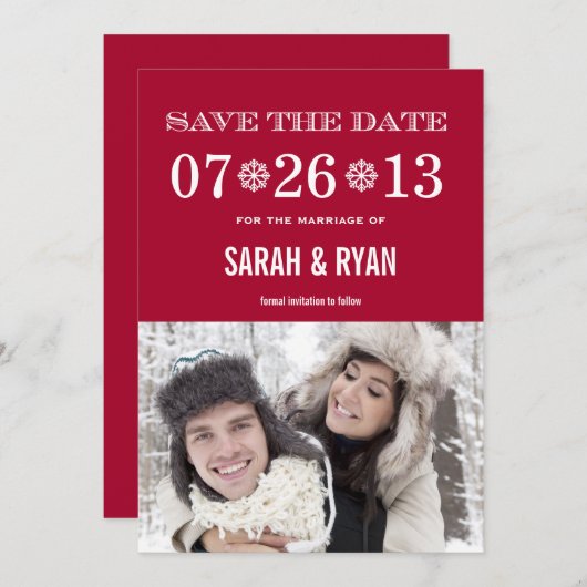 Snowflake Red Save the Date Photo Invitations (Voorkant / Achterkant)