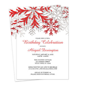 Snowflake Red Silver Winter Birthday Invitations Kaart