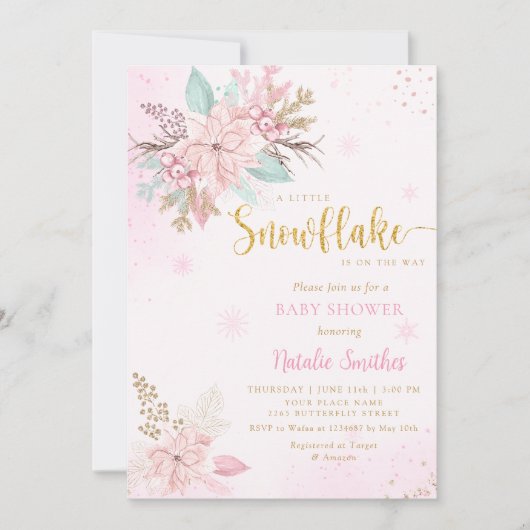 Snowflake Roze en Glitter Winter Baby shower Kaart (Voorkant)