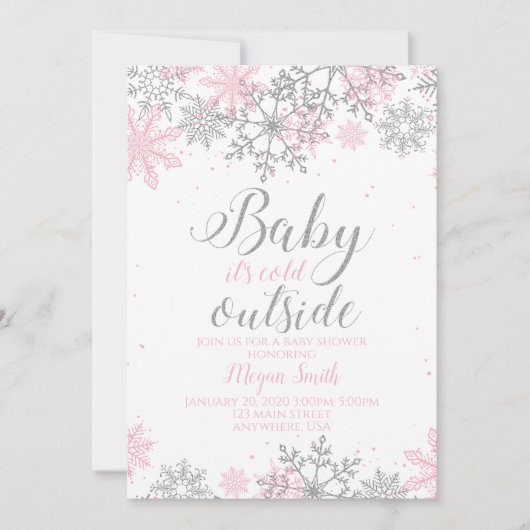 Snowflake Roze en Zilver Glitter Baby shower Kaart (Voorkant)