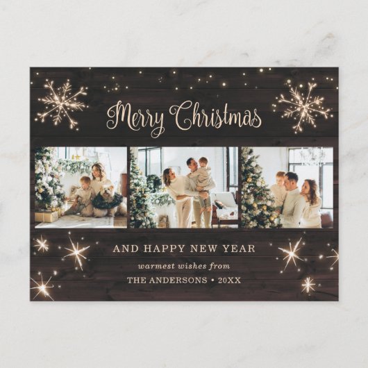 Snowflake Rustic Wood 3 Fotocollage Feestdagenkaart (Voorkant)