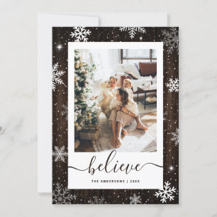 Snowflake Rustic Wood Foto Geloven Feestdagenkaart