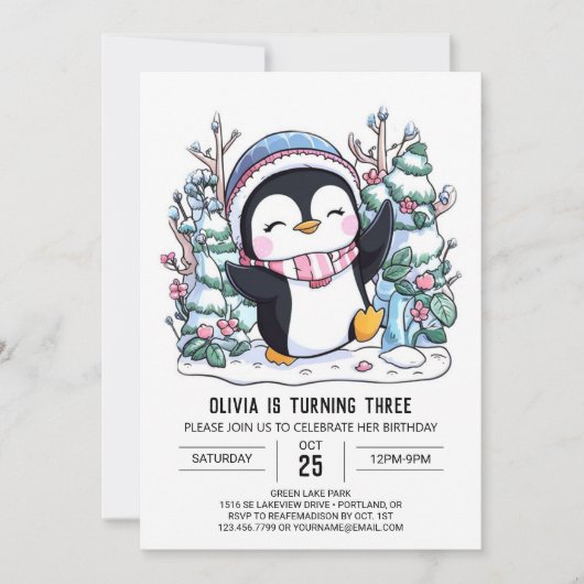 Snowflake Schattigee Penguin Digitale Verjaardag Kaart (Voorkant)