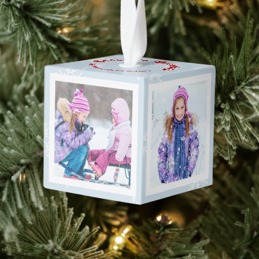 Snowflake Season's Greetings Foto Cube Ornament (Boom)