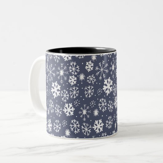 Snowflake Snowstorm in Midnight Blue Tweekleurige Koffiemok (Voorkant links)