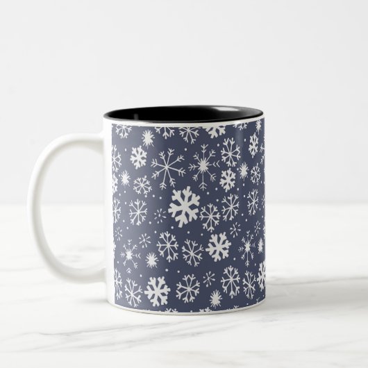 Snowflake Snowstorm in Midnight Blue Tweekleurige Koffiemok (Links)
