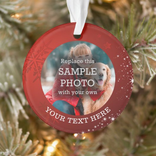 Snowflake Stars Foto Rood Ornament (Boom)