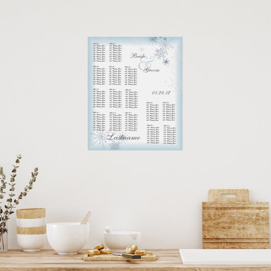 Snowflake Wedding Seating Chart Ice Blue Poster (Keuken)