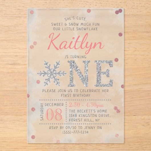 Snowflake Winter 1e verjaardag Acryl Uitnodigingen (Voorkant)