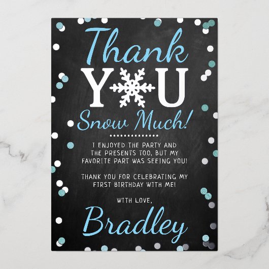 Snowflake Winter 1e verjaardag Dank u Folie kaarte Folie Uitnodiging (Voorkant)